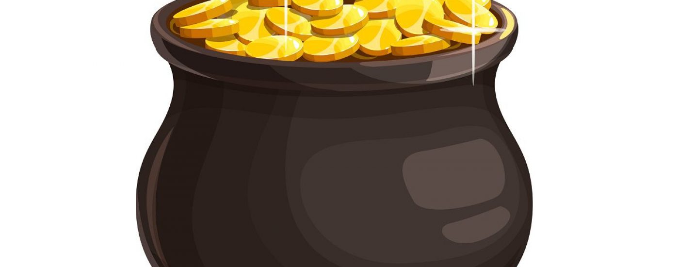 Leprechaun treasury isolated pot of golden coins shiny cartoon cauldron icon. Vector Patricks Day holiday symbol. Copper pot full of golden coins, money of fortune and luck. Iron pot, symbol of wealth