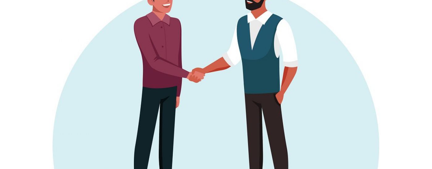 Two men shake hands with each other isolated on white background. Meeting and greeting friends. Businessmen deal agreement. Vector character illustration of partnership cooperation, communication.