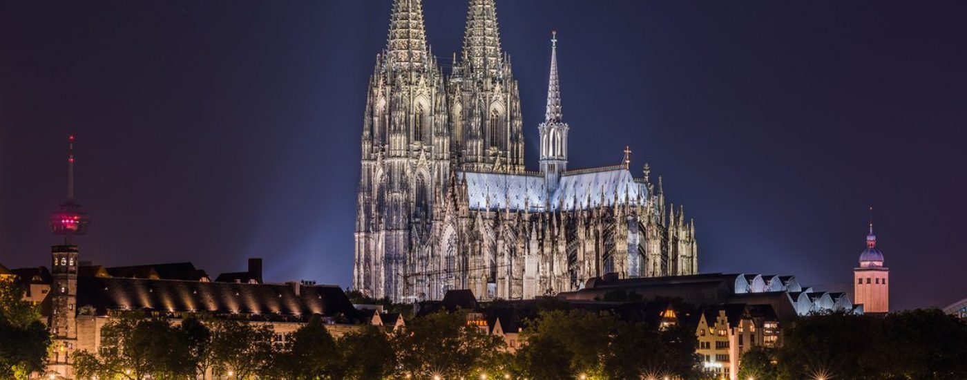Cologne Cathedral seen at night from the other side of the Rhine
